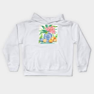 Blue and white chinoiserie jar, tiger lily and lemons watercolor Kids Hoodie